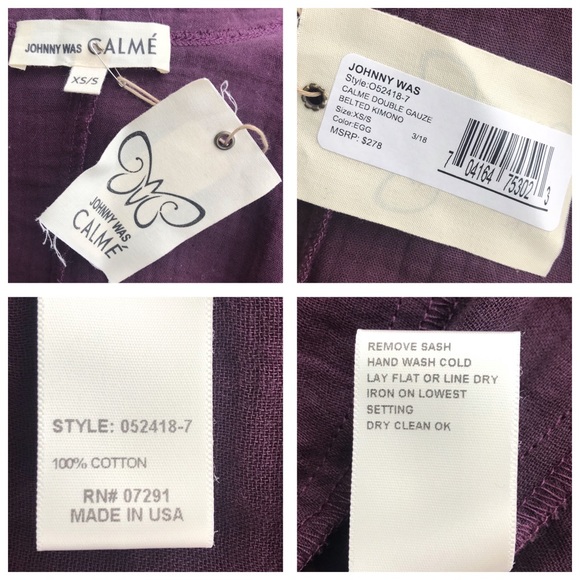 JOHNNY WAS Calme Eggplant Gauze Belted Kimono Cardigan XS/S NWT - Picture 9 of 9